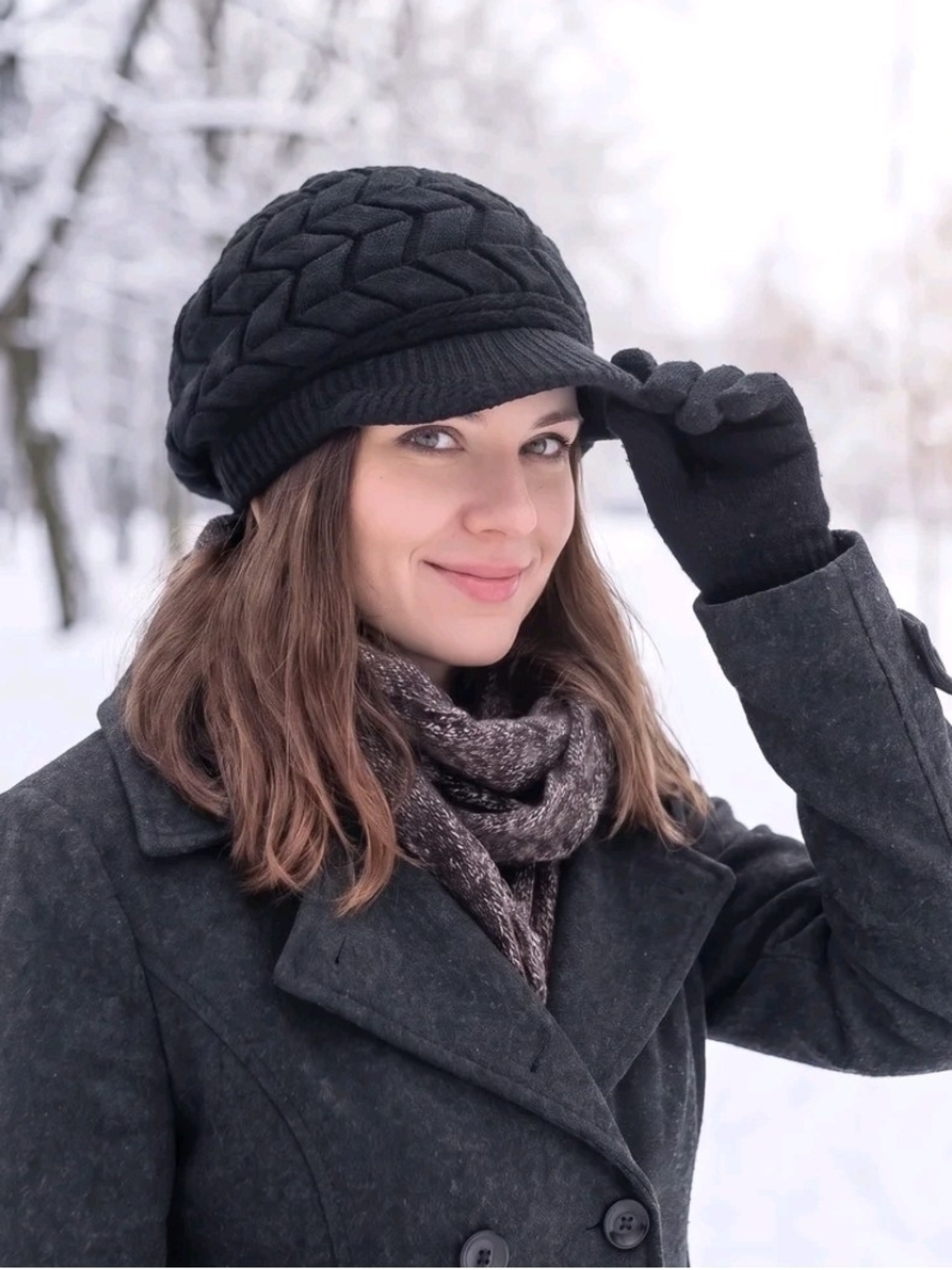 Black Quilted Knit Winter Hat With Visor - Women's Winter Accessory